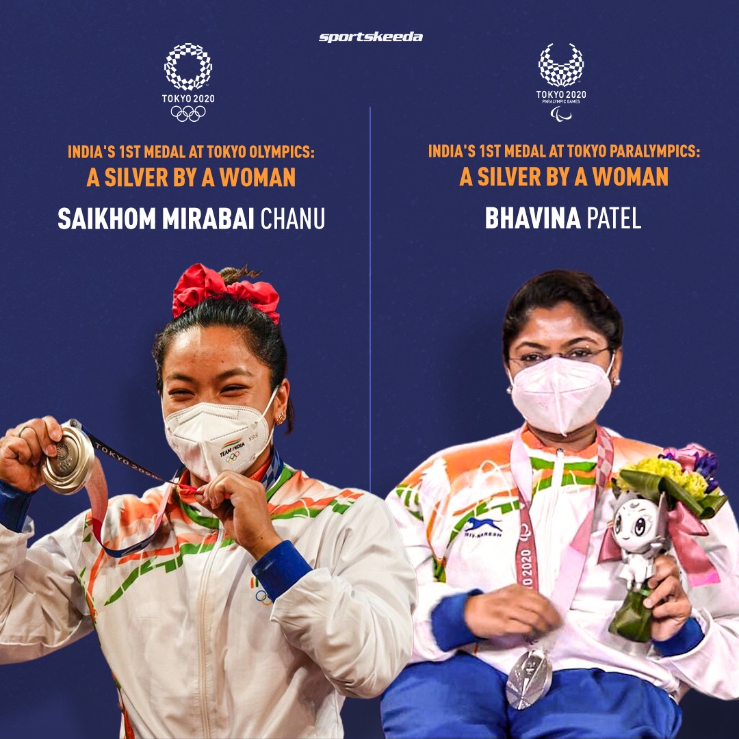 Sportskeeda's tweet photo. First Medal at #Tokyo2020 : #Silver - Mirabai Chanu

First Medal at #Paralympics : #Silver - Bhavina Patel

Both our opening medals at the Olympics and Paralympics were earned by women and both were 🥈

What a coincidence 👏 https://t.co/UpvBT0MbZs