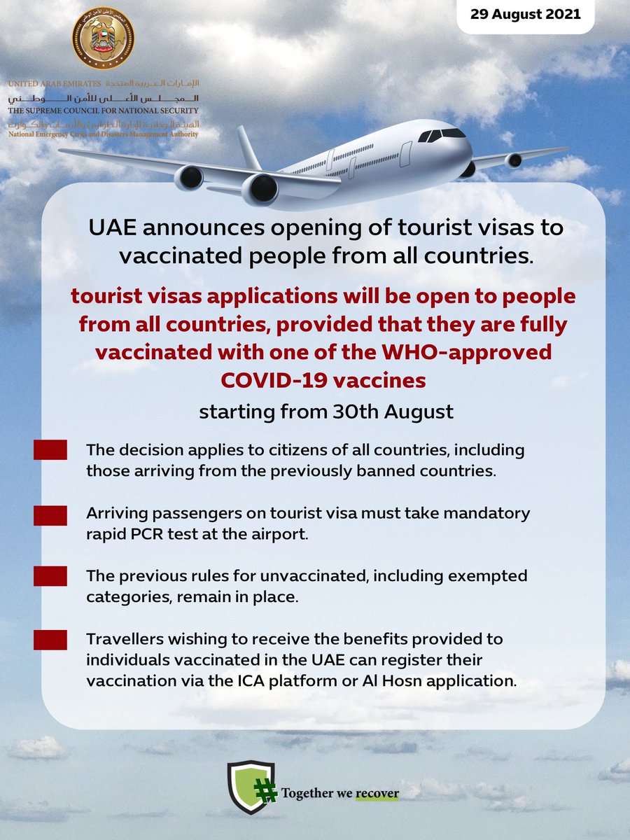 #NCEMA &amp; ICA: Starting from 30th August, application for tourist visas will be open to people from all countries, provided that they are fully vaccinated with one of the WHO-approved COVID-19 vaccines.
#TogetherWeRecover