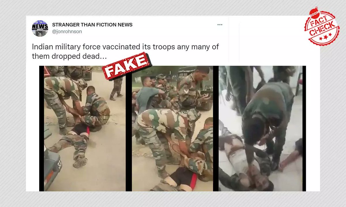 Claim: Video shows after the #IndianArmy vaccinated its troops many of them dropped dead.

<a href="/boomlive_in/">BOOM Live</a> found that the video is from #MamunMilitaryStation near Pathankot where a soldier died and 4 were hospitalisd due to heat during an #EnduranceTraining.

boomlive.in/fact-check/fak…