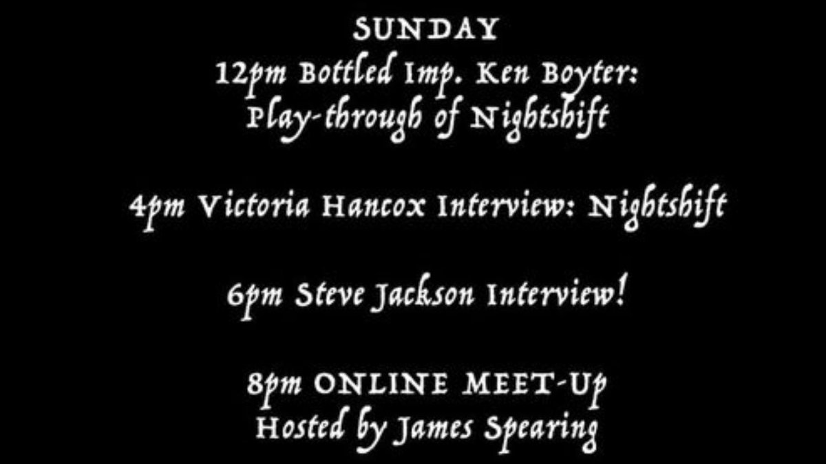 Coming up today on the final day of International Gamebook Day weekend… @TheBottledImp, Victoria Hancox, and none other than @stevejacksonuk himself! #igbd_2021 #fightingfantasy #gamebooks #nightshift @gamebooknews @GameBookJourney @fightingfantasy @TinManGamebooks #pleasert