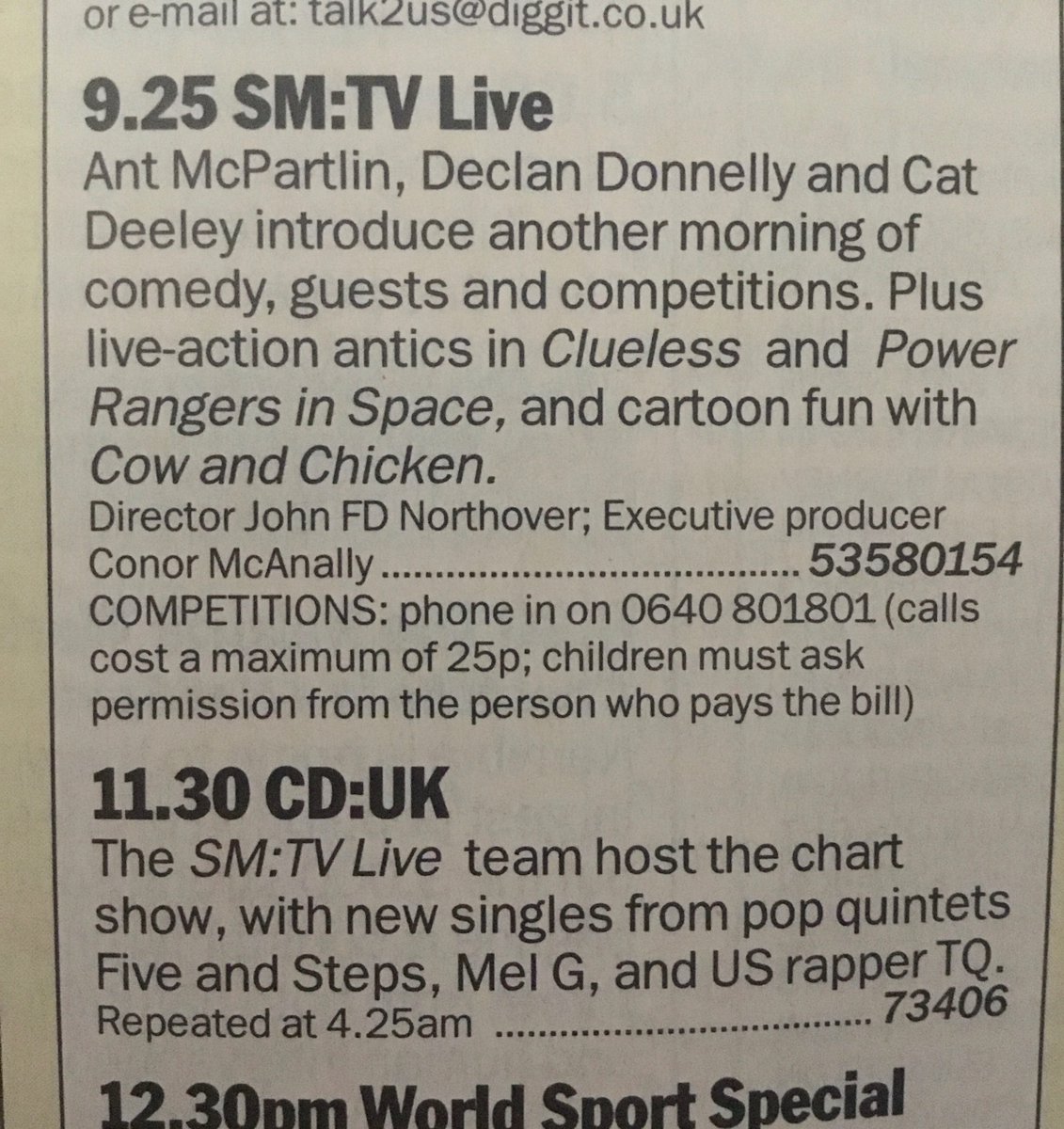 classyasacat's tweet photo. Listings for SM:TV Live &amp; CD:UK from 3 July 1999 in honour of their 23rd birthday. https://t.co/d6dpdHNwRB
