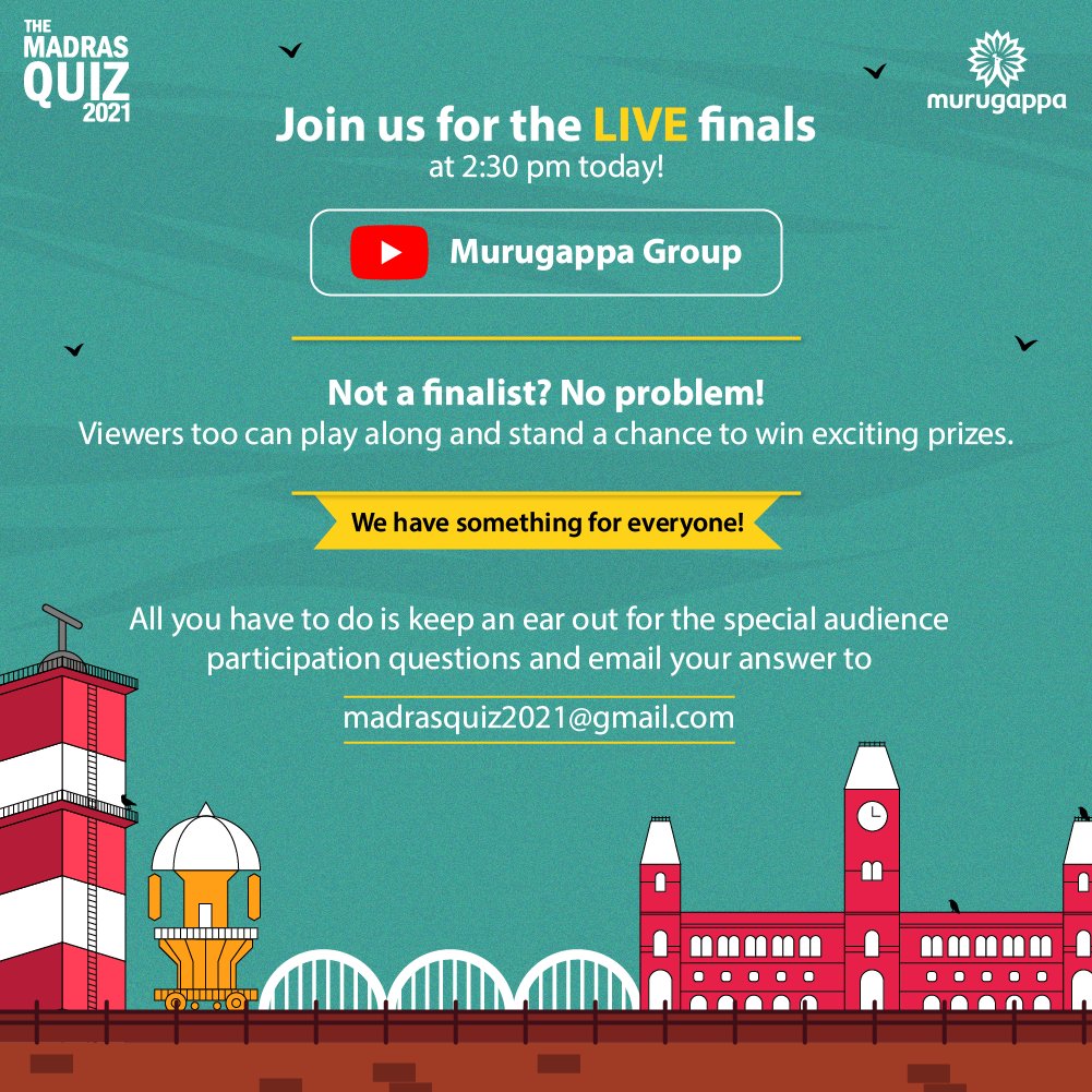 The much-awaited Madras Quiz 2021 is finally here! Hosted by <a href="/sumanthraman/">Sumanth Raman</a>! Come, catch us LIVE on our YouTube Channel at 2:30PM today to witness some exciting quizzing action and stand a chance to win Audience gift vouchers! 

Link to YouTube Channel: youtube.com/user/Murugappa…