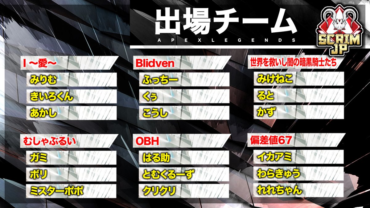 ApexScrimJP's tweet photo. 「Apex Legends Scrim JP Cup#9」の出場チーム紹介🏆

生放送は本日21時00分より開始！
🎥: https://t.co/i2t0ENhJ0v

#エーペックスレジェンズ https://t.co/OC8CqnUElz