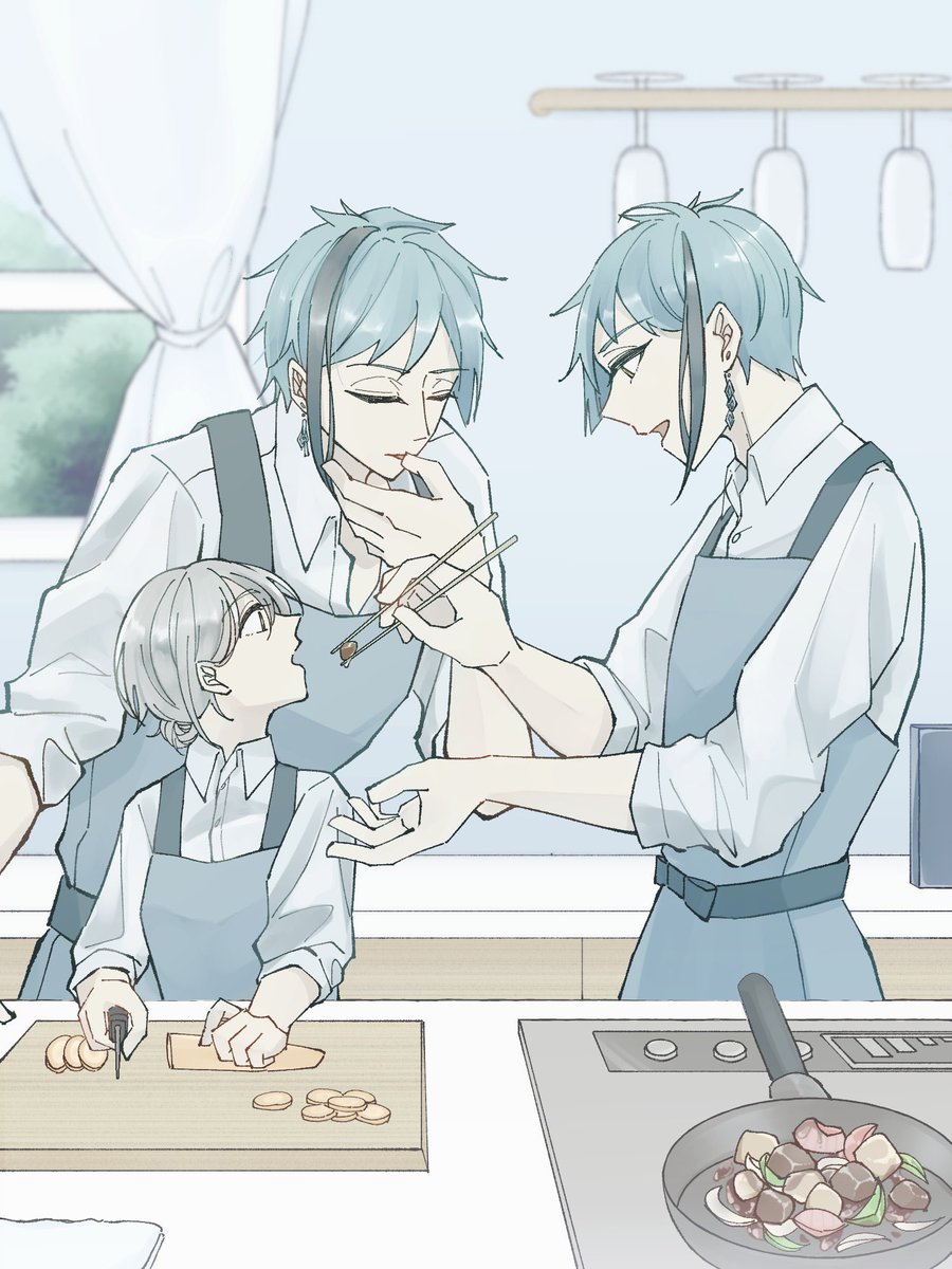streaked hair siblings multiple boys shirt cooking white shirt feeding  illustration images