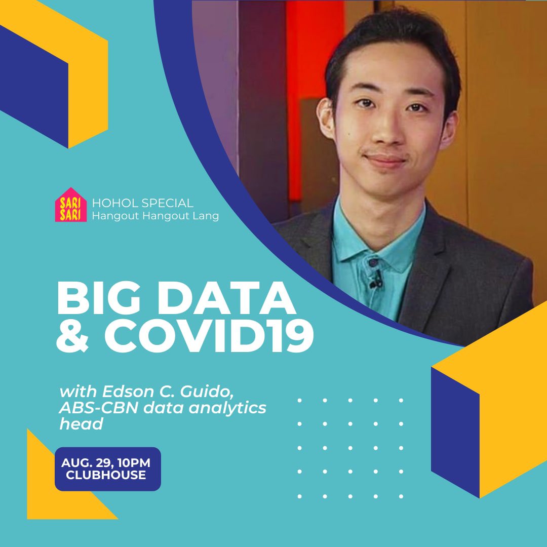 tonyocruz's tweet photo. HOHOL Special 🇵🇭 #BigData &amp; #COVID19 w/ guest @EdsonCGuido 

Tonight, Aug 29 at 10PM in @Clubhouse 

Join us! https://t.co/fYusK6FWFf

@nickocaluya @coffeepando @terryridon @AceGapuz @ixrated @paoloquimbo @AlcedEternal @teacher_paw @MjPinedaYT @knthlgst https://t.co/Y4Ny2k6zic