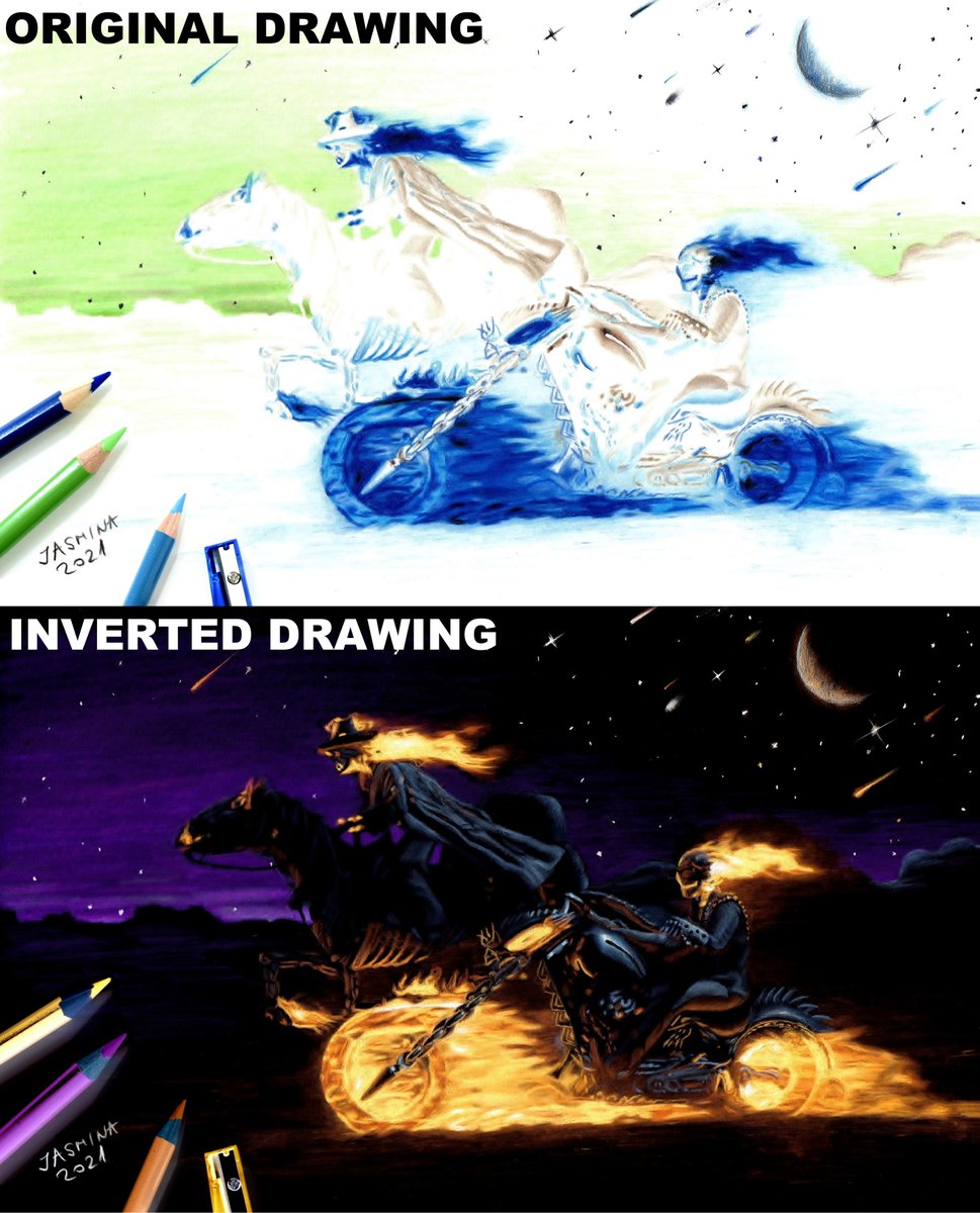 JasminaSusak's tweet photo. Inverted drawing: Ghost Riders "the last ride"
I had so much fun drawing this one 🙂 🤗
The drawing video is on my YouTube: https://t.co/GpmPCr8e6k
#drawing
#ghostrider
#coloredpencils
#inverteddrawing https://t.co/7Hi0tDMPBa
