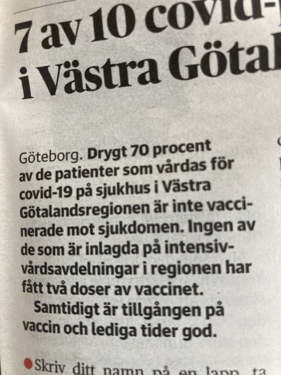INGEN av dem som ligger på IVA i Västra Götalandsregionen med covid har fått två vaccinsprutor. VACCINERA ER FÖR TUSAN och se till att alla ni känner gör det också!