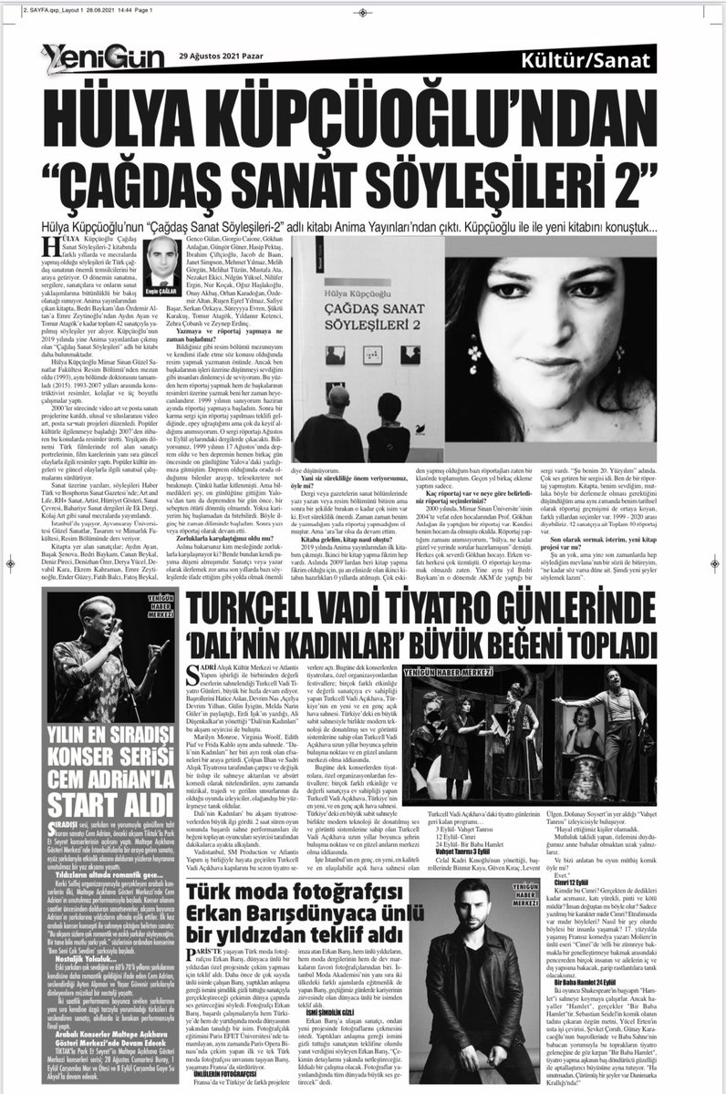 Yenigün Gazetesine Teşekkürler #yenigün #hülyaküpçüoğlu #çağdaşsanatsöyleşileri2 #çağdaşsanat #söyleşi #röportaj #hülyaküpçüoğlu ⁦@AnimaYayinlari⁩