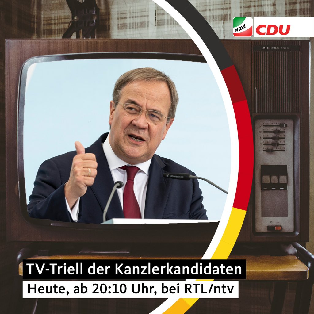 CDUNRW_de's tweet photo. Einschalten nicht vergessen: Heute Abend stellt sich Armin Laschet der Debatte mit den anderen Kanzlerkandidaten. #tvtriell https://t.co/yIJU0T5pJP