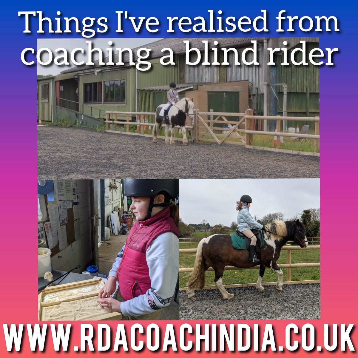 ✨NEW BLOG POST✨
Coaching a young blind rider makes my brain work harder than almost anything else as an RDA coach - I've put some thoughts together for this week's post. It definitely isn't all plain sailing...
rdacoachindia.co.uk/2021/08/blind-…
#PonyHour #HorseHour #ParaEquestrian