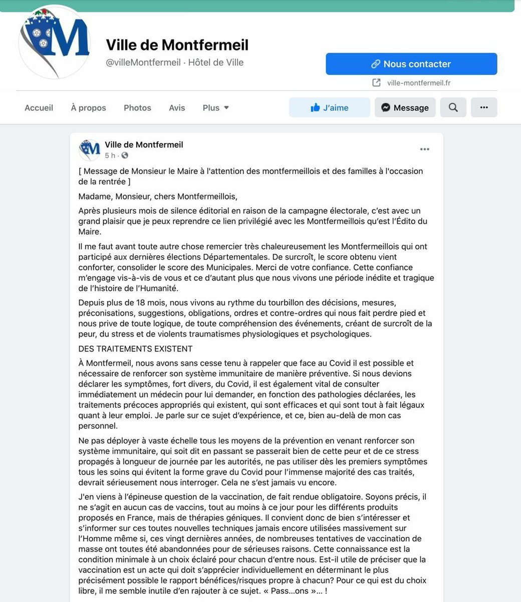 RavaryW's tweet photo. Je vous invite à lire l'excellent edito du maire de Montfermeil qui contrairement à ses confrères fait preuve de courage pour alerter ses administrés. 1/2 https://t.co/WnJxaEWOqn