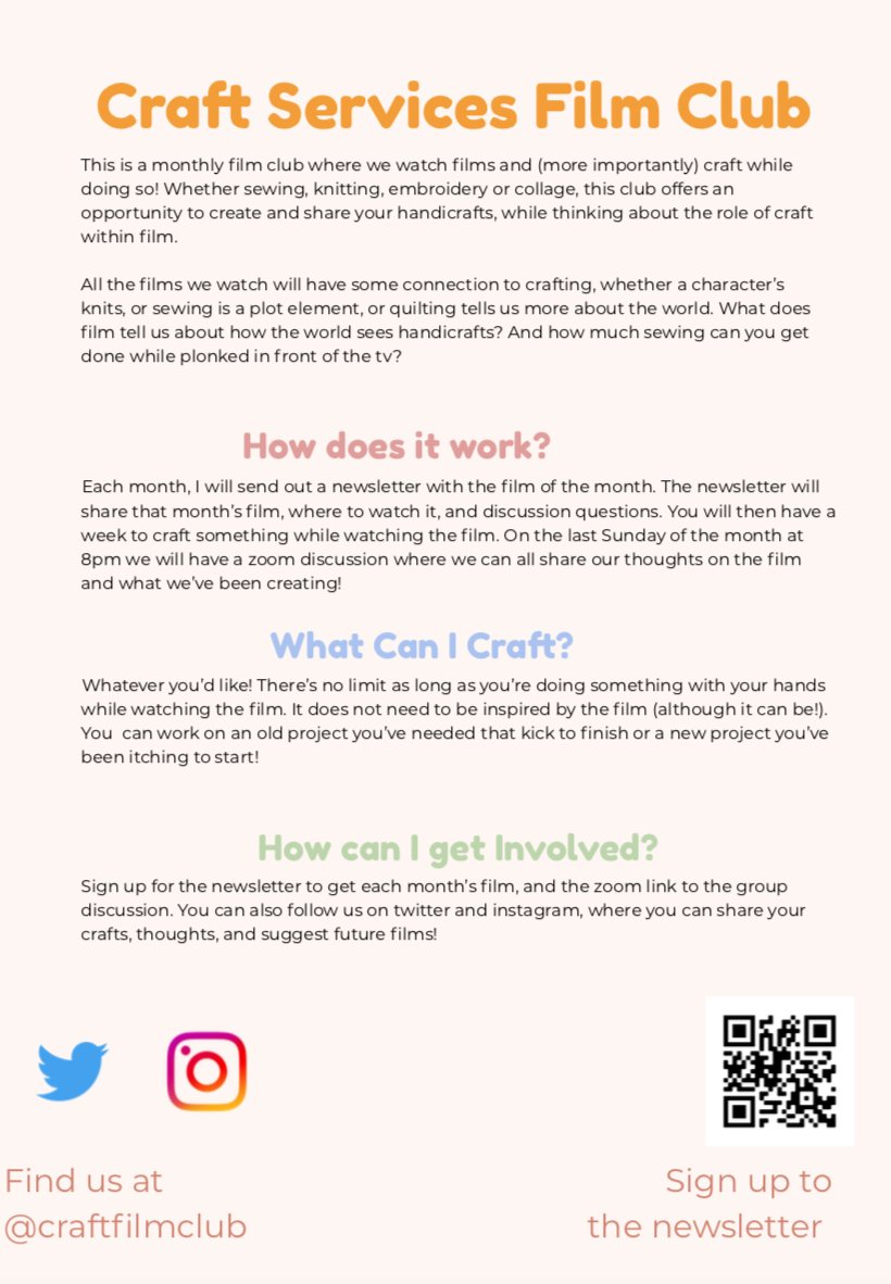 Really excited to announce my craft along film-club! If, like me, you love crafting, love film, and love chatting about both then this is the club for you! 🧵🧶✂️📽️