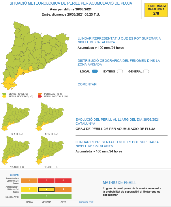 meteocat's tweet photo. ⚠ El Servei Meteorològic de Catalunya ha emès avís per acumulació de pluja (#SMP) ⚠

➡ Possibilitat de precipitació acumulada > 100 mm en 24 hores
➡ Grau de perill màx 🟡 1/6 https://t.co/z1AmaMhEEY