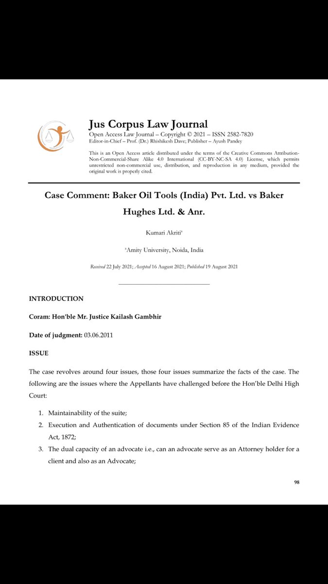 akriti1777's tweet photo. Dear Connections, 
I am delighted to share that my Journal Case Commentary  which was published in the volume 1 issue 4 of the esteemed Jus Corpus Law Journal is now indexed and published at the distinguished portal Manupatra, HeinOnline and J-Gate.
 #manupatra #case #commentary https://t.co/23bQNNQBkE