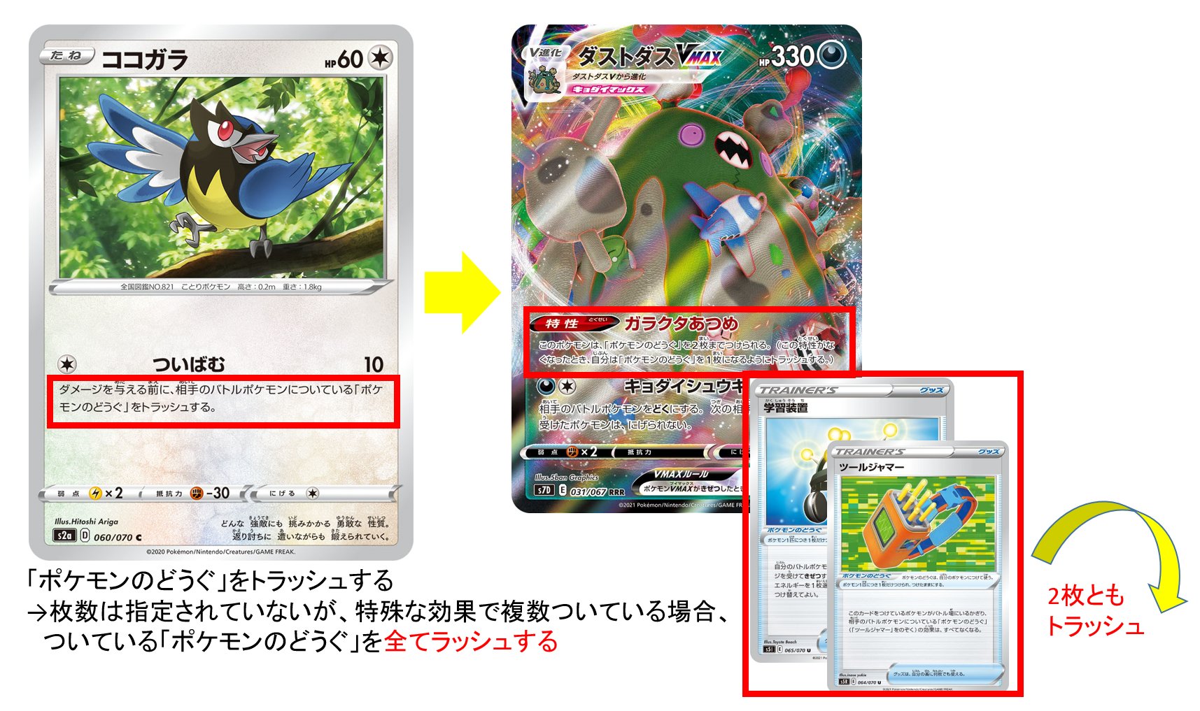 ポケカ通信 ポケカルール 情報発信 間違えやすいポケカルール ポケモンのどうぐ をトラッシュさせる場合 枚数指定がない場合は全てトラッシュさせる 例 ついばむ の ポケモンのどうぐをトラッシュする効果に枚数指定はないが 相手に複数の