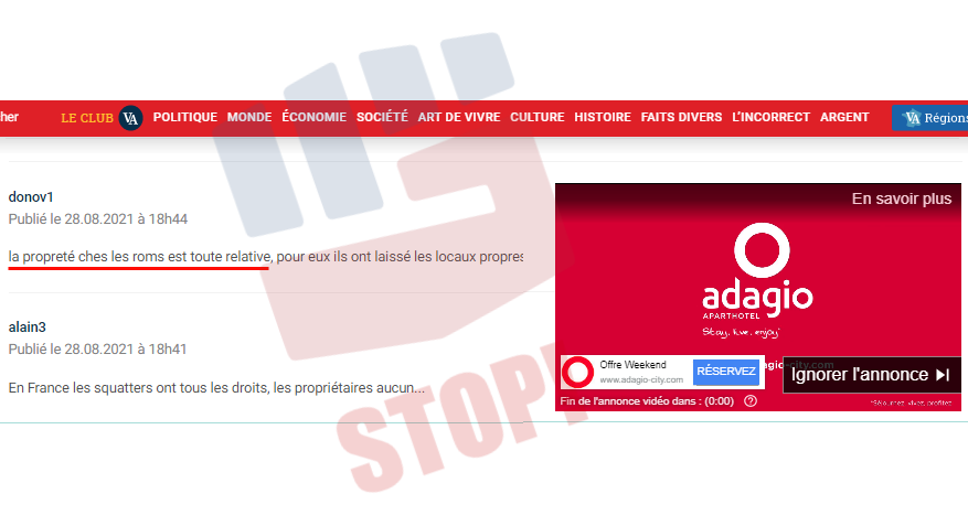 Pub Adagio sur un commentaire raciste (anti-tsigane) de Valeurs Actuelles