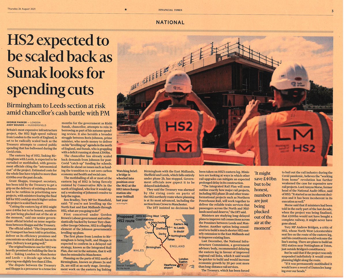 #HS2 "started as an incoherent decision and it has been incoherent in its execution as well...If ministers had been told that £100bn would not have bought a complete railway it might never have gone ahead" 
- Former head of National Audit Office Lord Amyas Morse
(FT 26.8.21)