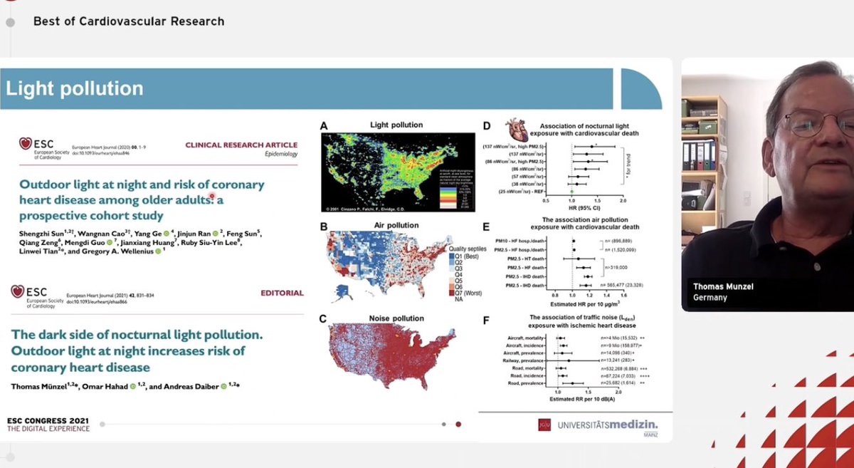 CVR_TomaszGuzik's tweet photo. Prof Thomas Münzel explores the importance of environmental factors on #CVD
❤️⬆️#AirPollution = ⬆️CVD induced excess mortality
❤️⬆️noise #pollution = ⬆️#inflammation of #aorta
❤️⬆️light pollution = ⬆️risk #CHD 
❤️constructing #heart-healthy cities may ⬇️ CVD risk
#ESCCongress https://t.co/ZgYZQD2gjP