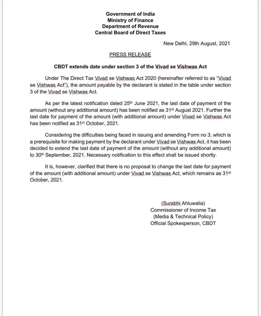 IncomeTaxIndia's tweet photo. Date of payment under the Direct Tax Vivad se Vishwas Act, 2020 (without additional amount) extended to 30th September, 2021. The last date for payment of the amount (with additional amount) remains 31st October, 2021.
Press release issued. https://t.co/gNPPUEbEEF