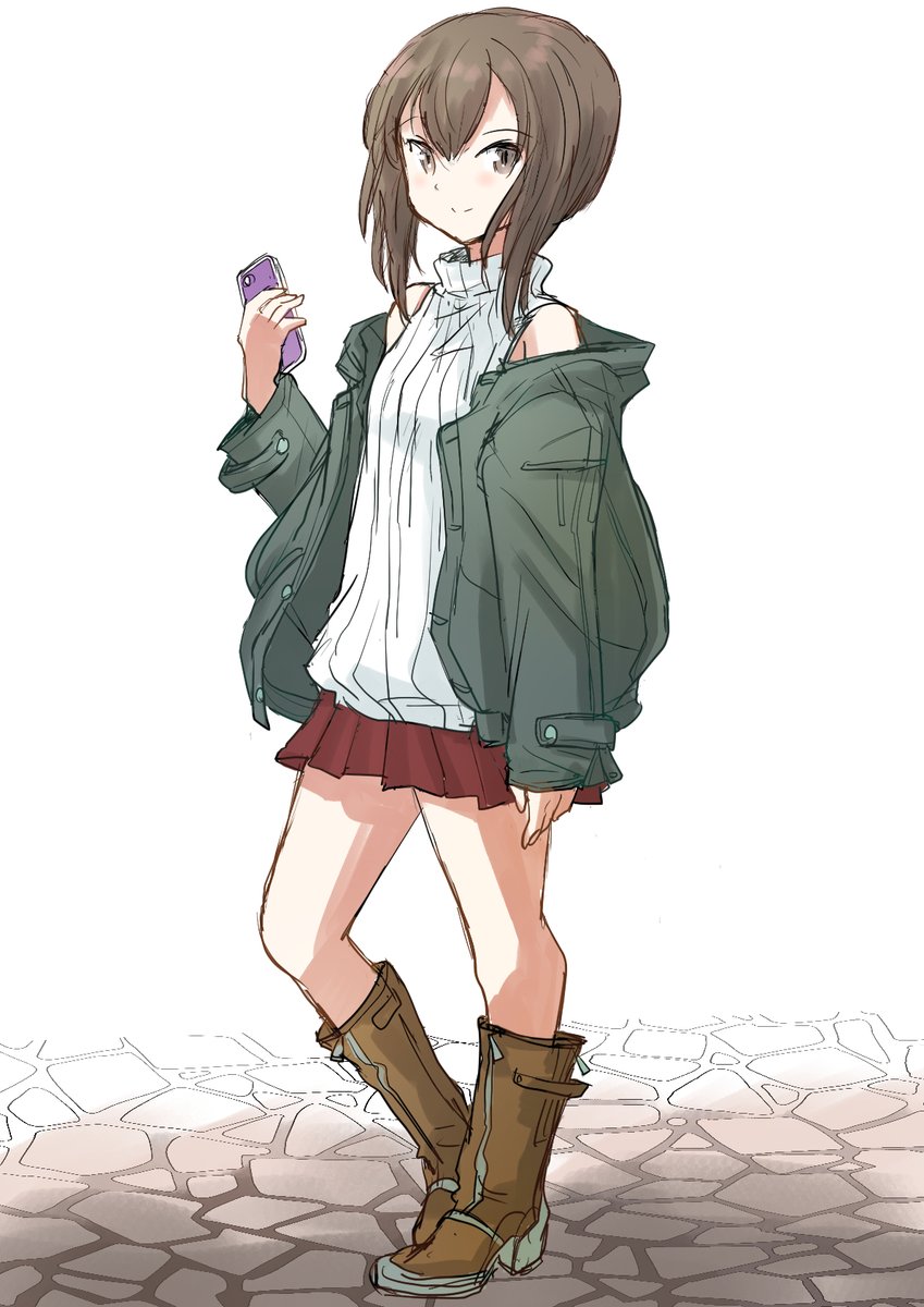 taihou (kancolle) 1girl solo skirt brown hair brown eyes boots sweater  illustration images