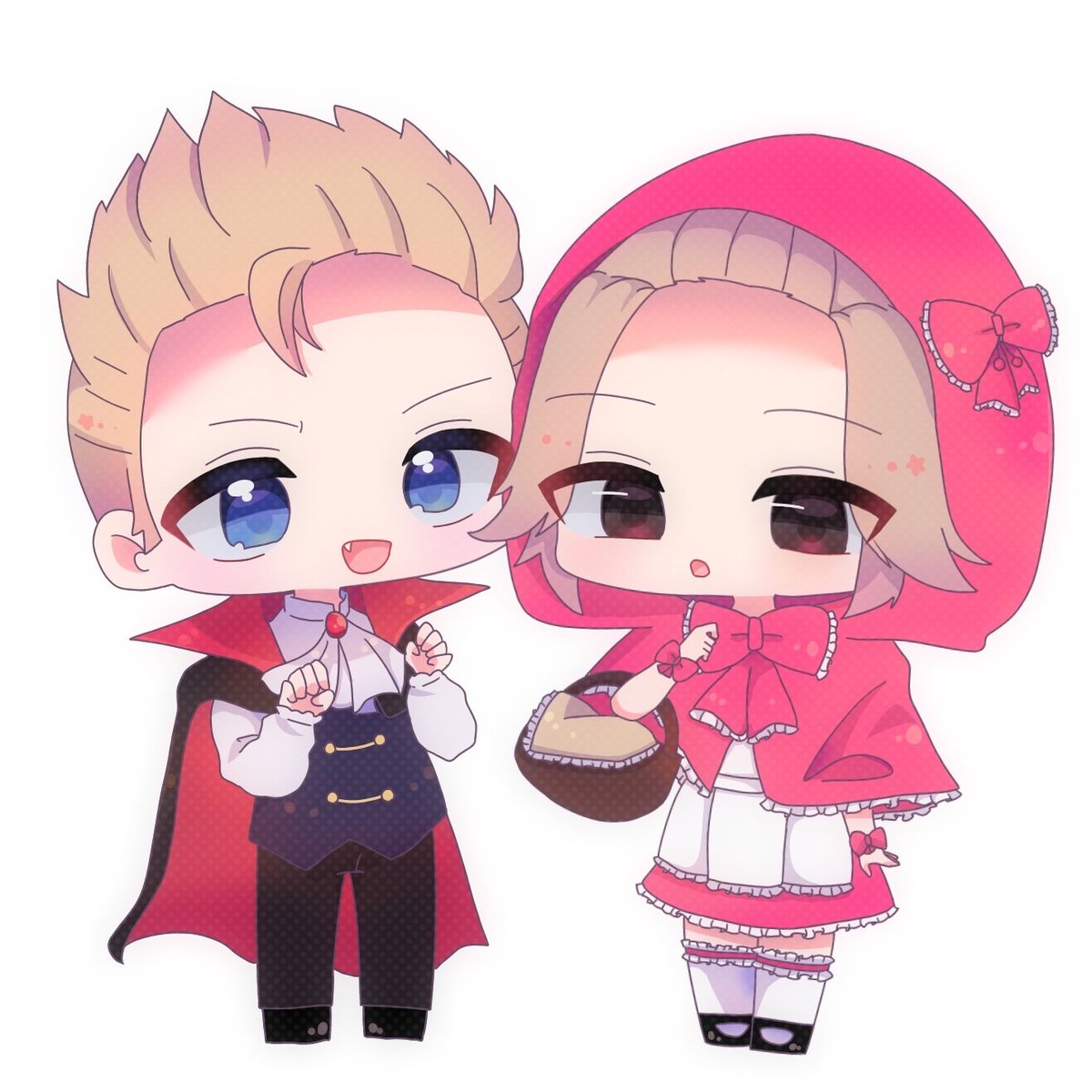 little red riding hood (grimm) red hood little red riding hood (grimm) (cosplay) 2boys chibi basket blue eyes cosplay  illustration images
