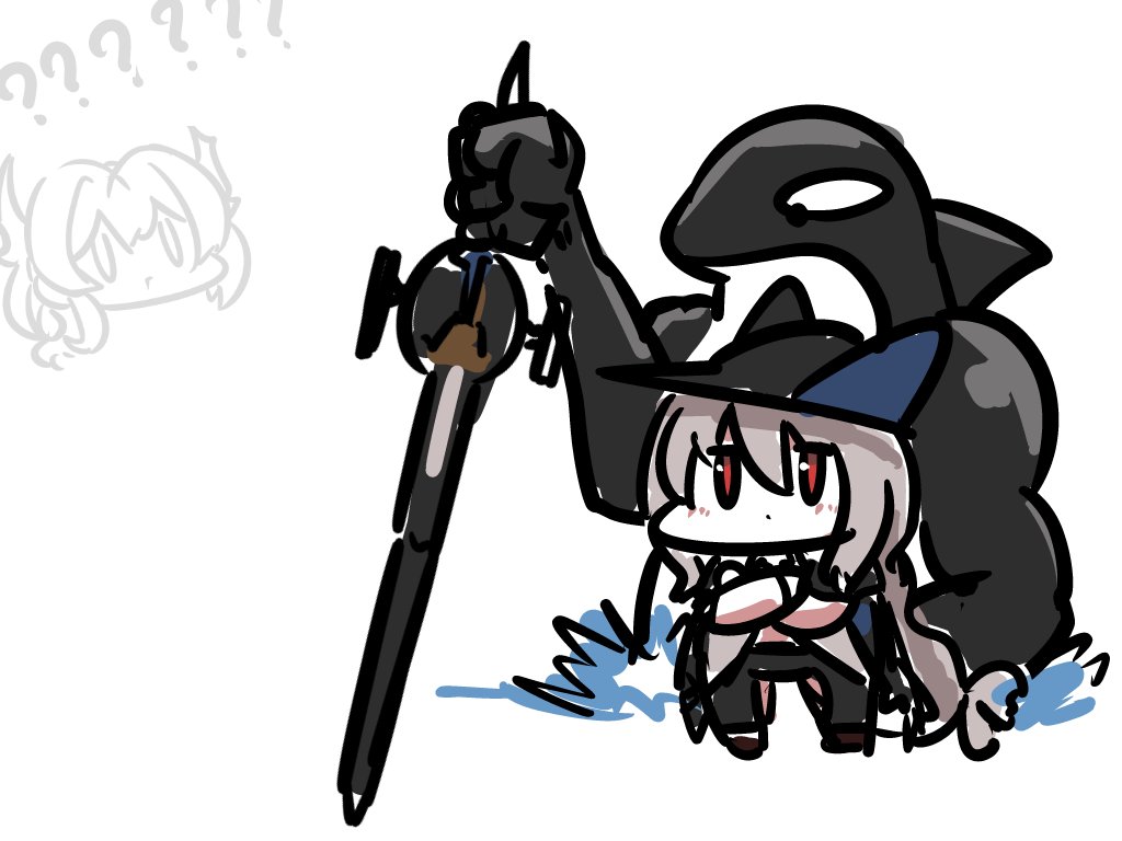 skadi (arknights) weapon sword red eyes chibi long hair holding weapon holding  illustration images