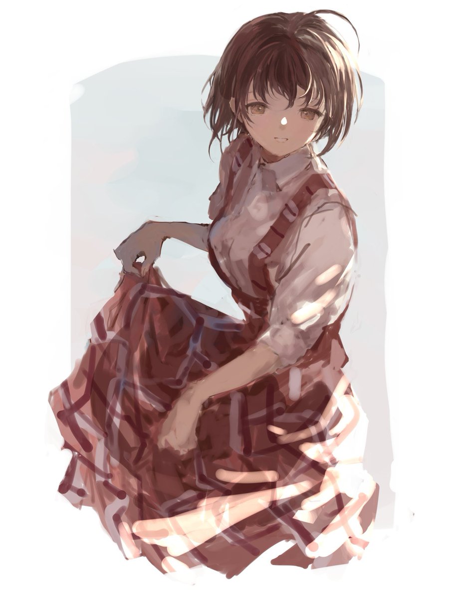 1girl solo shirt brown hair skirt skirt hold looking at viewer  illustration images