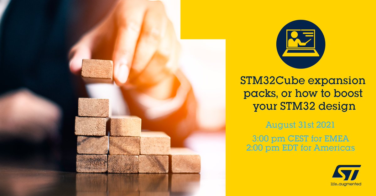 ST_World's tweet image. 💻Join us to learn how to benefit from the #STM32Cube expansion packs for accelerated development and quicker time to design. bddy.me/3mIJ8ja #STM32