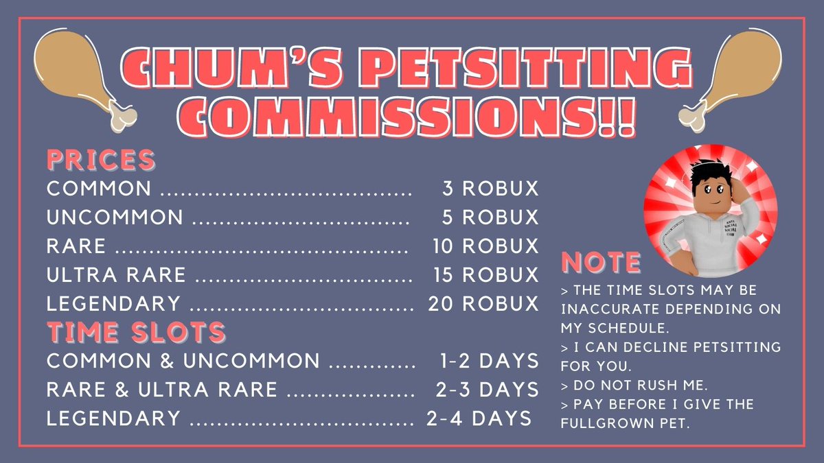 ChumNuggets's tweet photo. 🎉 COMMISSIONS ARE NOW OPENED AGAIN!! 🎉
🍗 Taking up to 10 pets!
🍗 Reply or Dm to be listed! 
🏷: #adoptme #adoptmetrades #adoptmetradings #adoptmeoffers #adoptmepetsitting #adoptmepetsitter https://t.co/oTfj0EPNnn
