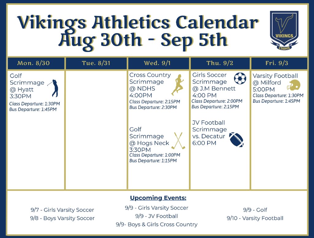Athletic schedule for the upcoming week. ⚽️🏃🏽‍♀️⛳️🏈