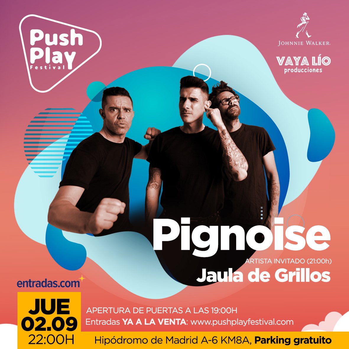 2 Sept 🗓 👉🏻Quedan pocos días para el concierto de @pignoise y <a href="/jauladegrillos/">Jaula de Grillos</a> en #PushPlayFestival ‼️ No te quedes sin entrada 🎫 y cómprala en <a href="/entradas/">entradas.com</a> y/o en nuestra página web 💜
#MadridSigueSonando #CulturaSegura