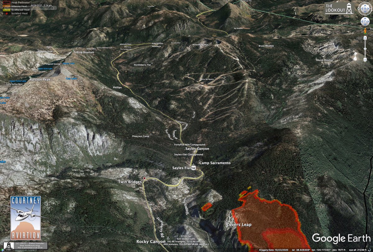 wildland_zko's tweet photo. The fire is moving into a crux at Lovers Leap. Once it moves 3/4 mile east to Camp Sacramento it will have what firefighters call 'alignment' - all the factors which drive rapid fire spread (terrain, winds, heavy fuel) are present to fuel a major run up through Sierra at Tahoe. https://t.co/yxh7VXzB0s