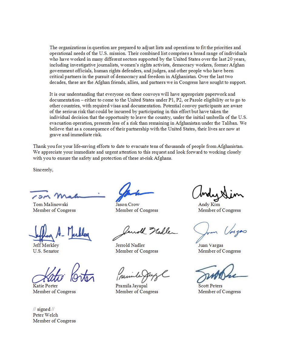 Tom, <a href="/RepJasonCrow/">Rep. Jason Crow</a>, <a href="/RepAndyKimNJ/">Archived</a>  &amp; colleagues are urging the admin to continue aggressive efforts to protect vulnerable Afghans &amp; evacuate those eligible from HKIA.

We have a moral obligation to ensure our partners the safe, secure, &amp; humane passage to a new home.