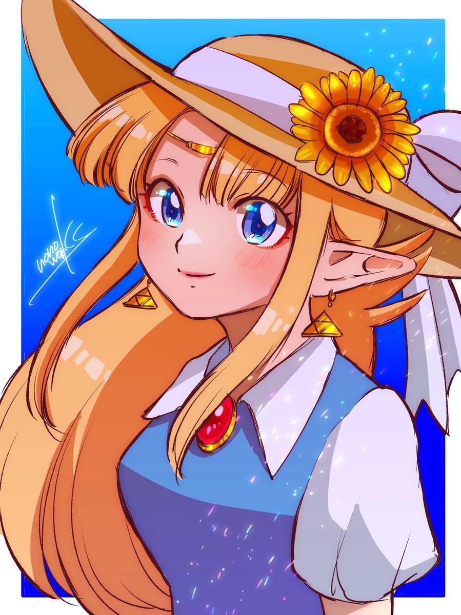 princess zelda 1girl pointy ears solo hat smile long hair sunflower  illustration images