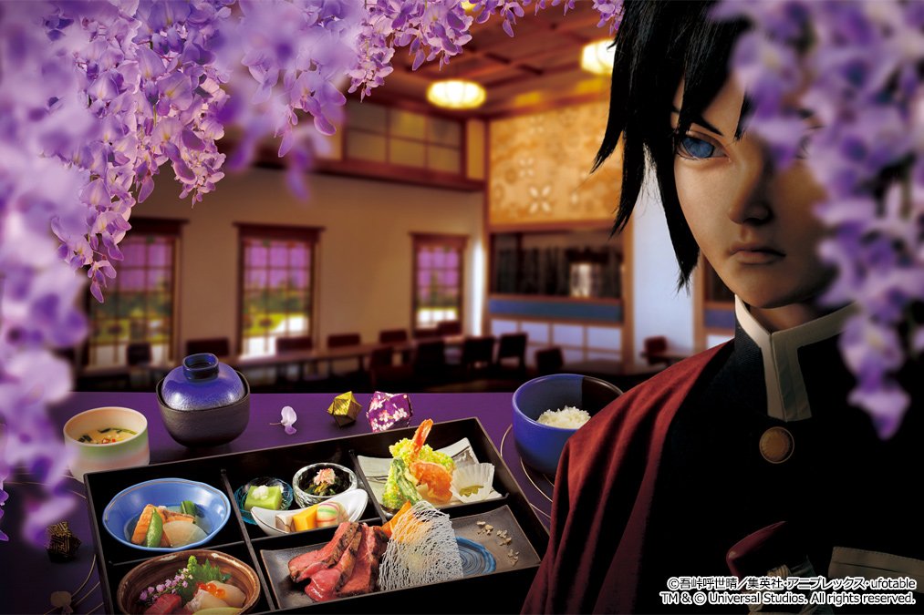 Irusuify's tweet photo. In collaboration with USJ, a Kimetsu no Yaiba themed restaurant titled the "Wisteria Flower Restaurant," will be opened at the venue. The restaurant decorated in wisteria flowers offers an original menu with drinks and features life-sized figures of Giyuu and Shinobu. https://t.co/G99ApyKDrd