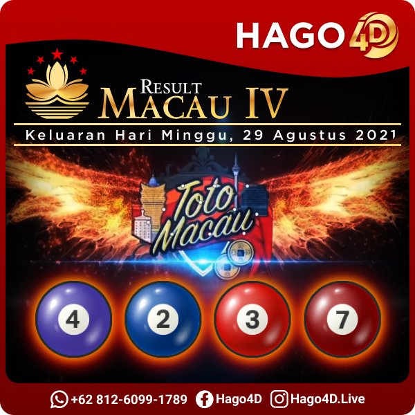 Hago4D's tweet photo. "Hasil Result Togel TOTO MACAU 4 
>> 4237 <<
Minggu, 29 Aug 2021

Hago4D - Situs Togel Online Terpercaya di Indonesia

Jangan Lewatkan Bonus Terbaik di #Hago4D .net
• Bonus Deposit Pertama 10%
• Bonus Deposit Harian 5% https://t.co/qXuRV7YK4r