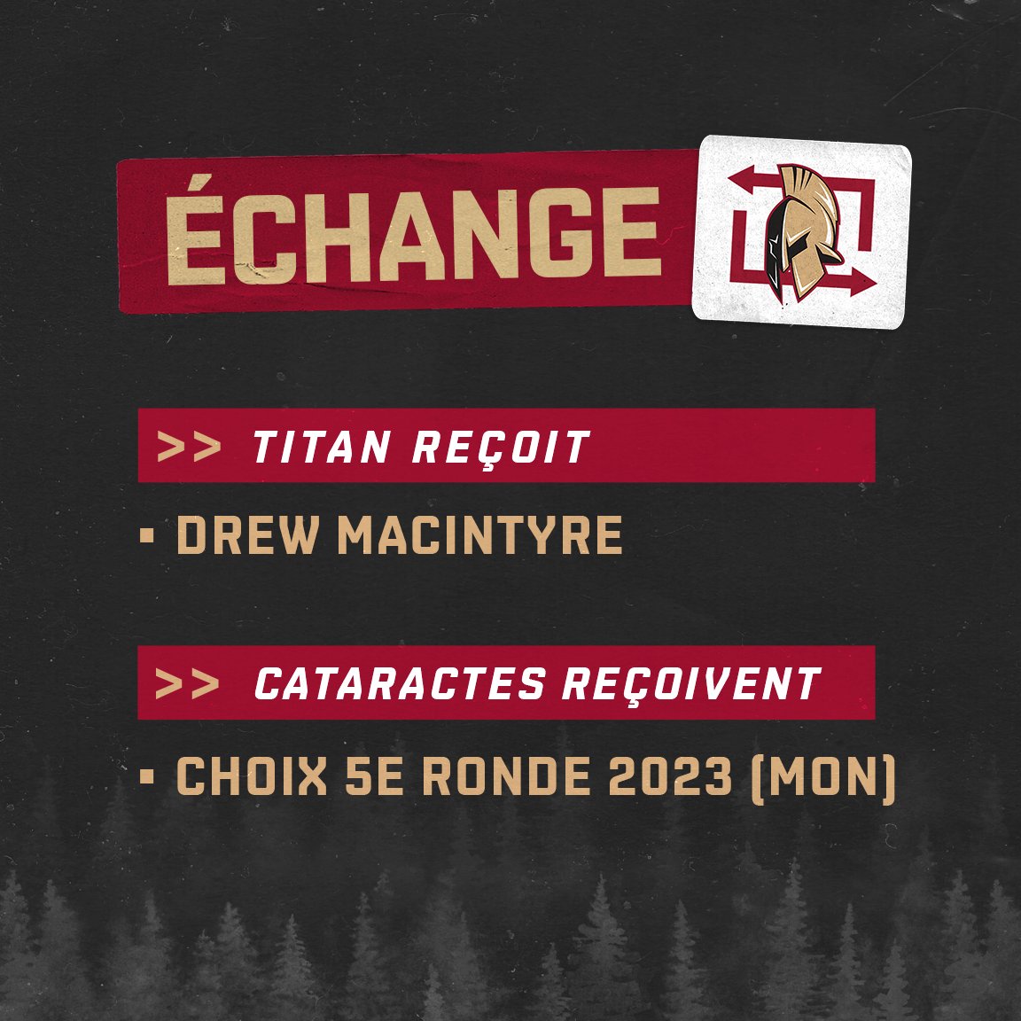 TRADE: The Titan have acquired forward Drew MacIntyre from the <a href="/Cataractes_Shaw/">Cataractes de Shawinigan</a> for a 2023 5th round pick.

ÉCHANGE: Le Titan ont acquis l'attaquant Drew MacIntyre des Cataractes pour un choix de 5e ronde en 2023.