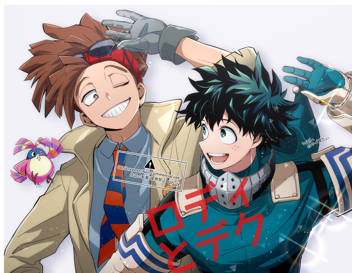 midoriya izuku multiple boys 2boys gloves male focus smile green hair freckles  illustration images