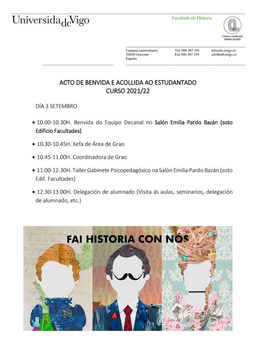HistoriaOurense's tweet photo. A #FacultadedeHistoria da @uvigo celebrará o día 3 de setembro o acto de benvida e acollida ao estudantado do Grao en Xeografía e Historia e do PCEO Turismo - Xeografía e Historia, curso 2021/2022
➡️ https://t.co/zVinLDhEIY
#historia #arte #xeografía #pceo #turismo https://t.co/VQkmU2UJVM