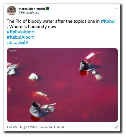 Claim: Photo shows horrific condition after recent blast in #Kabul, Afghanistan.

Factcheck: We found that the photo from 2017 shows an initiative from #Afghanistan where young people had dyed #KabulRiverRed to protest the death of civilians.

asianews.blogfa.com/post/2815