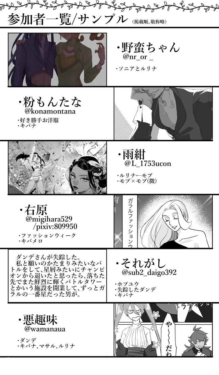 参加者(敬称略)一覧とサンプルです!お名前、ツイッター(pixiv)アカウント、キャラ・CPです。
※当アンソロジーはサンプルの通りCPやシチュエーションが混在しております。予めご了承ください。 