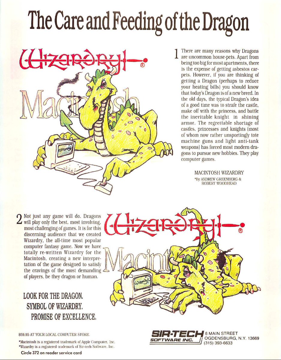 TakodanTweets's tweet photo. 1986 ad for the game 'Wizardry' by #SirTech on #Apple #Macintosh https://t.co/K7bkKQwO2z