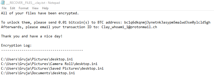 GrujaRS's tweet photo. #GRAY_HAT (HiddenTear)#Ransomware extension .clay!
Ransom note;___RECOVER__FILES__.clay.txt
Sample VT https://t.co/qzEF5a62S8 https://t.co/IFTJOQ5mvL