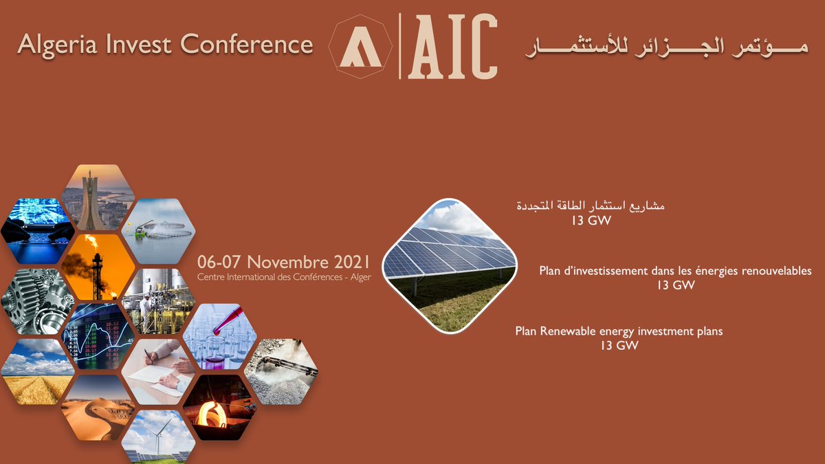 مشاريع استثمار الطاقة المتجددة
Plan d’investissements dans les énergies renouvelables 
Renewable energy investment plan
#AIC #Investment #enrgy #ENR
<a href="/Algeria_MFA/">وزارة الشؤون الخارجية| MFA-Algeria</a> <a href="/pm_gov_dz/">مصالح الوزير الأول | Services du Premier Ministre</a> <a href="/APS_Algerie/">.</a> <a href="/CACIFrance/">CACI en France</a> <a href="/industry_gov_dz/">وزارة الصناعة والانتاج الصيدلاني</a> @Energy_gov_dz <a href="/CACIDZ/">CACI Algérie</a> <a href="/AlgerianExport/">Algerian Export</a>