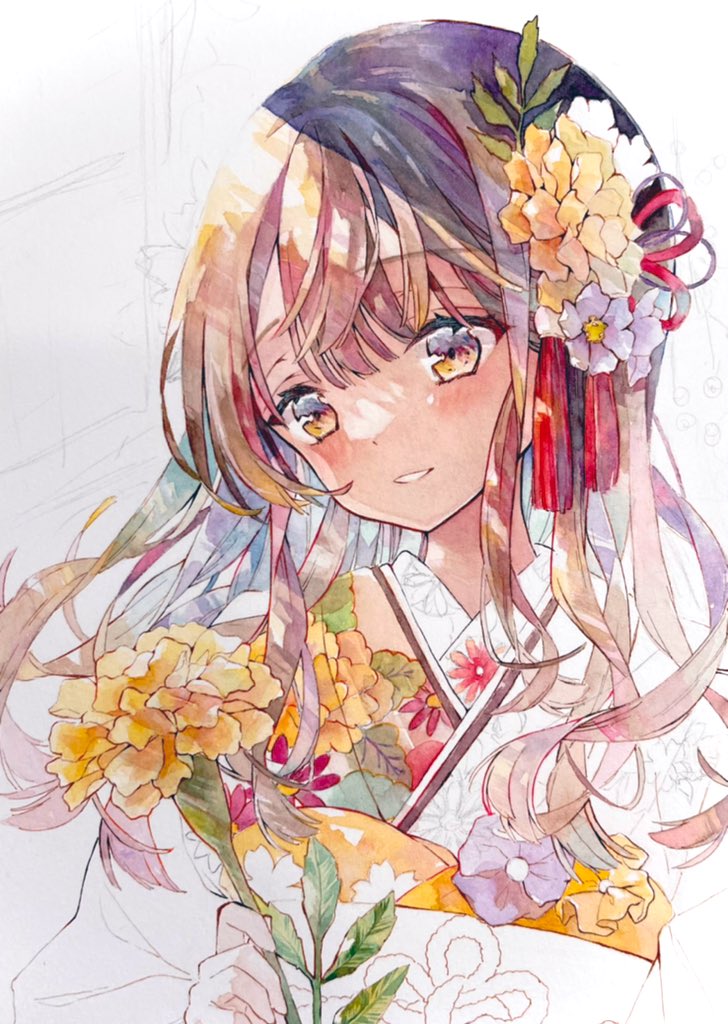 マリーゴールドと和服の絵の予定です Wip Illustration Wat 優子鈴 ゆこりん 新刊booth 透明水彩のイラスト