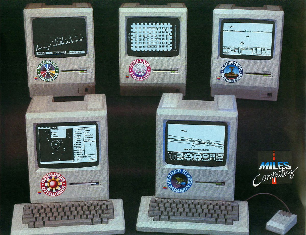 TakodanTweets's tweet photo. 1986 two-page advert by a company called #MilesComputing and some of their games on #Apple #Macintosh https://t.co/kZ3B1M1UjF