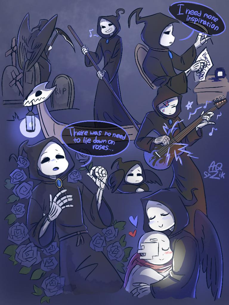 AloniQuiet's tweet photo. I love the idea that the Reaper's scythe can turn into a guitar.  The Reaper loves to play punk and rock, as well as write poetry
#undertaleAU https://t.co/9NhCP4FgUb