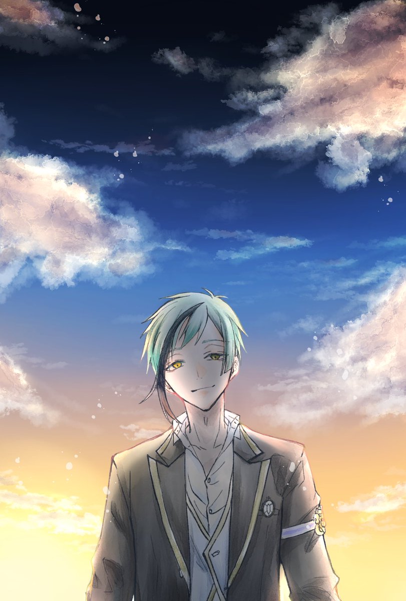 1boy male focus streaked hair sky yellow eyes solo cloud  illustration images