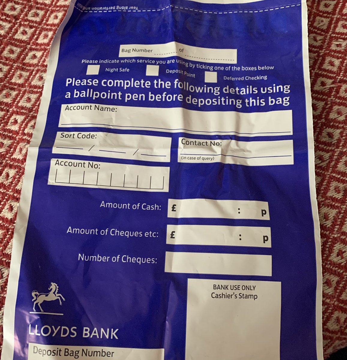 AlphaDevil2's tweet photo. @LloydsBank  can I order some more of these deposit bags for the deposit point? https://t.co/OMYkEhWQTW