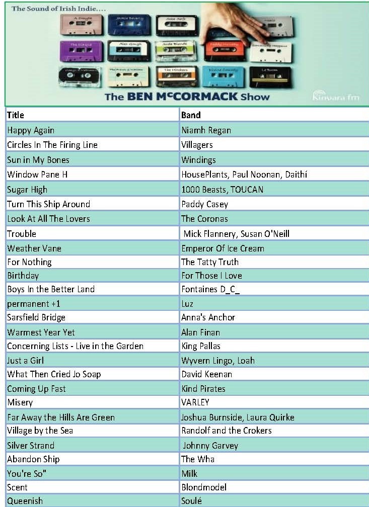 Ben McCormack Radio (@mccormackshow) on Twitter photo Here is this evenings Playlist for my show on <a href="/KinvaraFm/">Kinvara FM 92.4 fm</a> between 6 & 8pm
<a href="/niamhreganmusic/">Niamh Regan</a> <a href="/wearevillagers/">Villagers</a> <a href="/windings/">v</a> <a href="/HousePlantsIE/">HousePlants.</a>
<a href="/MickFlannery/">Mick Flannery</a> <a href="/SoundsofSON/">Susan O Neill</a> <a href="/forthoseilove/">For Those I Love</a> <a href="/fontainesdublin/">Fontaines D.C.</a> @alanfinanmusic @King_pallas @DavidKeenanmuso <a href="/RandolfMusic/">RandolfandtheCrokers</a> <a href="/blondmodel_/">:):</a> <a href="/TheRealWha/">The Wha</a> Here is this evenings Playlist for my show on <a href="/KinvaraFm/">Kinvara FM 92.4 fm</a> between 6 & 8pm
<a href="/niamhreganmusic/">Niamh Regan</a> <a href="/wearevillagers/">Villagers</a> <a href="/windings/">v</a> <a href="/HousePlantsIE/">HousePlants.</a>
<a href="/MickFlannery/">Mick Flannery</a> <a href="/SoundsofSON/">Susan O Neill</a> <a href="/forthoseilove/">For Those I Love</a> <a href="/fontainesdublin/">Fontaines D.C.</a> @alanfinanmusic @King_pallas @DavidKeenanmuso <a href="/RandolfMusic/">RandolfandtheCrokers</a> <a href="/blondmodel_/">:):</a> <a href="/TheRealWha/">The Wha</a>
